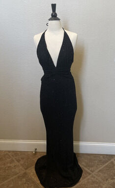 Oh Polly “Verona” Dress 4 Prom Embellished Plunge Halter Neck Evening Gown Black